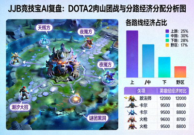JJB竞技宝AI复盘：DOTA2肉山团战与分路经济分配分析图